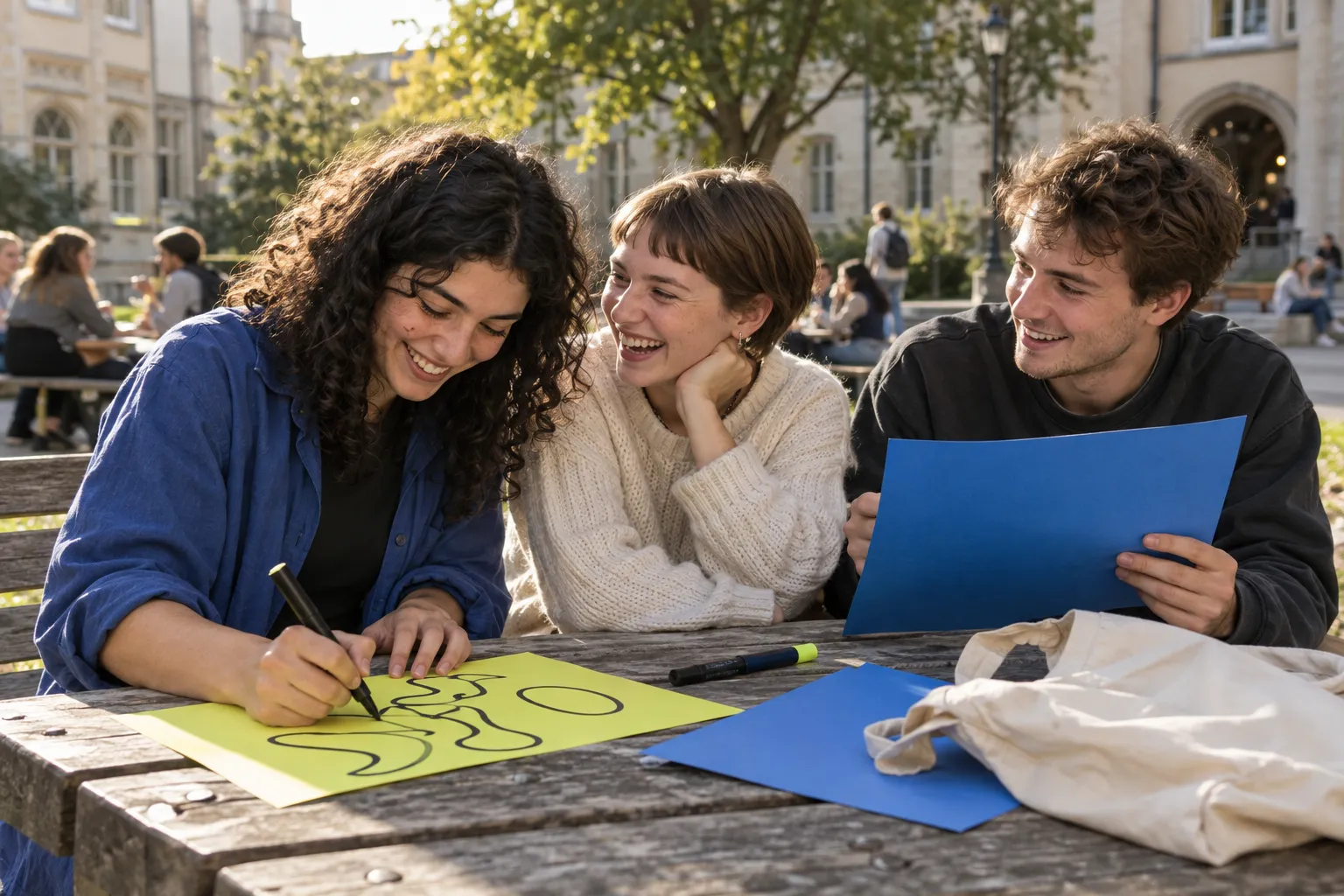 Illustrative Campus-Szene: Drei Freunde gestalten gemeinsam draußen ein Plakat.
